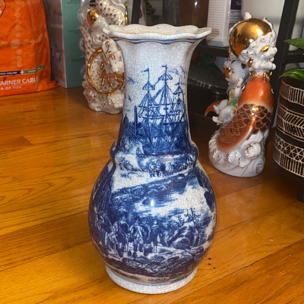 Vintage Ceramic Vase with Ship Scene